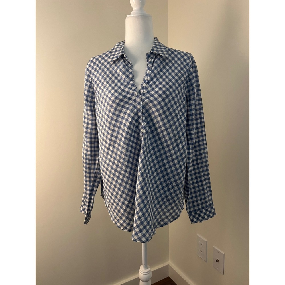 J. Jill Love Linen Gingham‎ Tunic Top Blue Cream Check Split V-Neck Size M